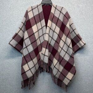 Talbots Burgundy Plaid Wool Cape‎ Wrap Fringed Italy One Size Open Poncho Shawl